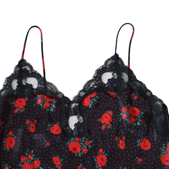 Black Floral Lace Cami Top Medium – Satin Rose Print Spaghetti Strap Tank - Picture 2 of 6
